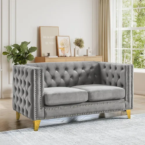Vista 14 de JEEOHEY Juego de Sofás Chesterfield de 2, Sofá Moderno de Terciopelo con Capitoné y Ribete de Tachuelas, Sofá Tapizado de Asiento Profundo, Sofá