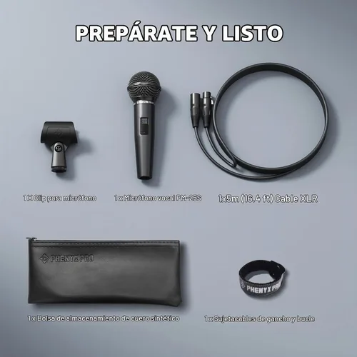 Vista 8 de Phenyx Pro Micrófono vocal dinámico, micrófono cardioide con interruptor de encendido/apagado, cable XLR de 16.4 pies, clip de micrófono, bolsa
