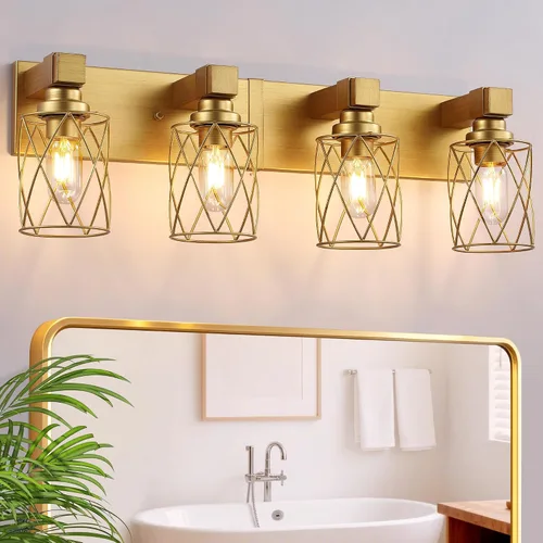 Vista 11 de Farmhouse 3-Light Wood Bathroom Vanity Light, White Metal Cage Shade