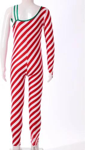 Vista 5 de RUNQHUI Enterizo de una pieza con bastón de caramelo de Navidad para niños y niñas, un hombro completo, para bailar