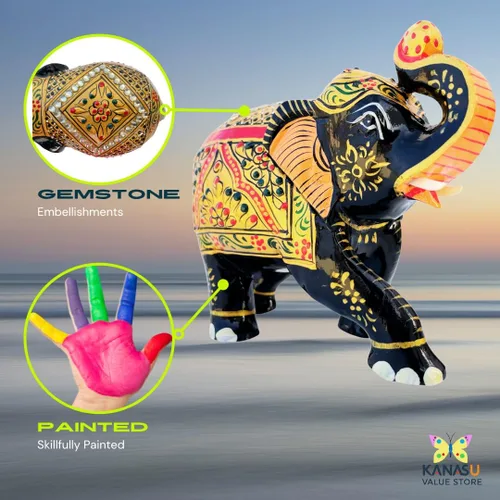 Vista 3 de Figura de elefante de madera hecha a mano – Obra de arte tradicional, adornos dorados y piedras preciosas – Estatua decorativa de elefante