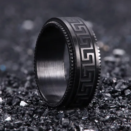 Vista 5 de Jstyle 6 anillos de acero inoxidable para hombres y mujeres, cadena fresca, patrón de dragón griego, bordes biselados, color negro celta, juego