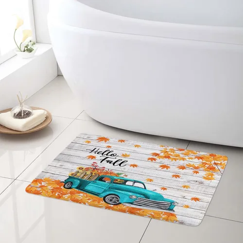 Vista 4 de Alfombra de baño con diseño de girasol amarillo otoñal y calabaza naranja sobre camión azul vintage, tapete de baño con texto en inglés "Hello