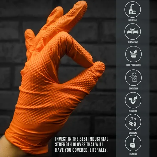 Vista 7 de MED PRIDE Maxx Strength - Guantes industriales de nitrilo naranja, 8 mil de grosor, textura de diamante, desechables, resistentes, resistentes a