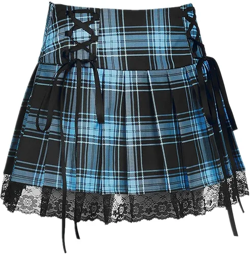 Vista 3 de SFBBCLOZ 2 Piece School Girl Outfit Costume For Women Rave Outfit One-Shoulder Vest Top and Lace Plaid Skirt Set For Women