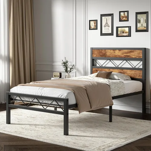 Vista 3 de VECELO Base de cama tamaño individual con cabecero, plataforma resistente con soporte de listones de metal, no necesita somier, fácil montaje, negro