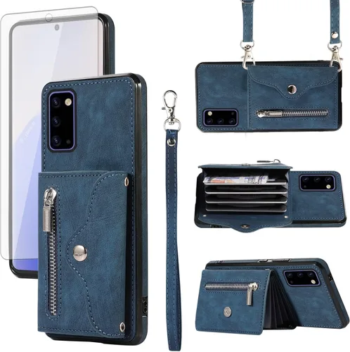 Vista 8 de Funda de teléfono para Samsung Galaxy Note 20 5G con protector de pantalla de vidrio templado, correa cruzada para muñeca, soporte para tarjeta