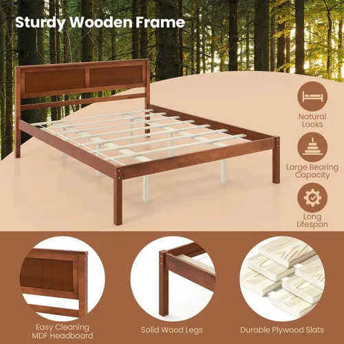 Vista 4 de Giantex Cama de plataforma de madera Queen con cabecero, marco de cama de madera maciza de mediados de siglo con soporte de listones de madera, base