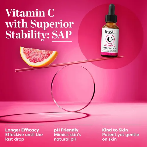 Vista 4 de TruSkin Vitamin C-Plus Super Serum - Suero facial antiarrugas antienvejecimiento con niacinamida, retinol, ácido hialurónico y ácido salicílico, 1