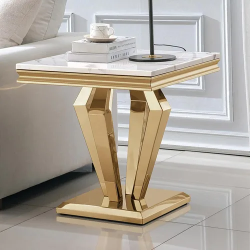 Vista 38 de Mesa de centro de mármol negro Henf de lujo, mesa auxiliar rectangular de mármol sintético de imitación con base de acero inoxidable dorado