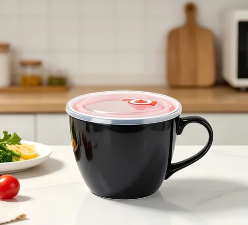 Vista 5 de Tazón de porcelana negra de 30 onzas con tapa y asa para sopa, ensalada, cereales y fideos instantáneos, taza de sopa con mango de preservación