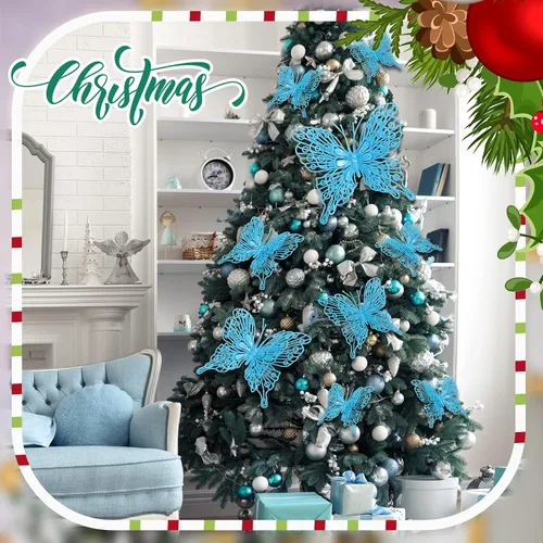 Vista 6 de Charniol 36 piezas de 3 tamaños para árbol de Navidad, decoraciones de mariposa hueca con purpurina, adornos colgantes con clips para manualidades