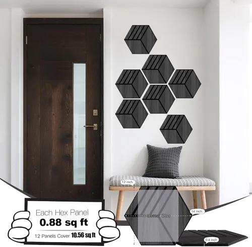 Vista 2 de Mollywell Paneles acústicos, grano de madera de PVC, azulejos de pared tallados en hexágono a prueba de sonido, fieltro autoadhesivo de alta
