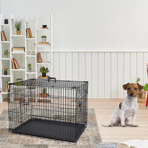 Vista 6 de Jaulas de doble puerta para perros de 36 pulgadas, jaula de alambre plegable de metal para perreras con bandeja para perros pequeños, medianos