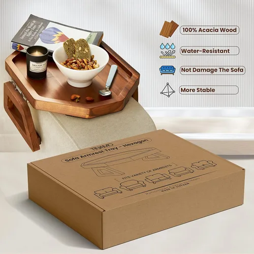 Vista 6 de Tinamo Bandeja para apoyabrazos de sofá octagonal de acacia, mesa de reposabrazos de sofá con brazos plegables - Caddy para sillón, bandeja con clip