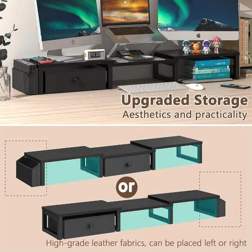 Vista 3 de LAND·VOI Soporte Dual para Monitor con Cajón y Bolsillos Laterales, Elevador de Monitor para Escritorio, Almacenamiento para Escritorio de Oficina