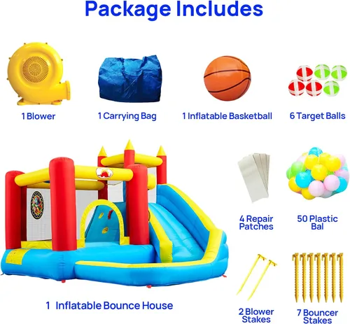 Vista 5 de WELLFUNTIME - Casa inflable para saltar con tobogán, castillo hinchable con ventilador, pared de escalada, diana, aro de baloncesto y 50 pelotas