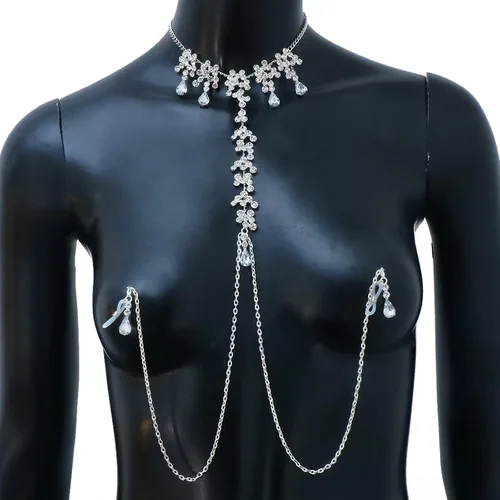 Vista 5 de Sujetador de diamantes de imitación, cadena de pezón, cadena de cristal en el pecho, lencería sexy, joyería de pezón, joyería de cuerpo rave