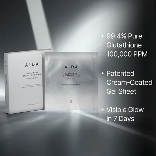 Vista 2 de AIDA Máscara facial iluminadora de glutatión, cuidado de la piel y las manchas oscuras, 99.4% liposomas de glutatión puros, mascarilla coreana