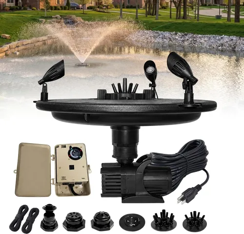 Vista 20 de Fuente flotante y aireador de 1/2 HP para estanques y lagos con cable de 100 pies 6,100 GPH, 9 spray patterns, Color-changing LED lights