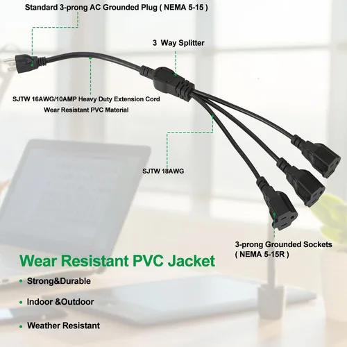 Vista 2 de Cable de extensión de alimentación de 1 a 3 divisor en Y, protector de salida de cable resistente de 3 clavijas para interiores y exteriores, NEMA