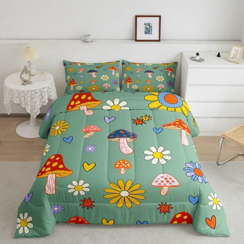Vista 12 de Lindo juego de edredón de flores para niños y mujeres. Juego de ropa de cama de flores coloridas de dibujos animados, tamaño individual, bonito