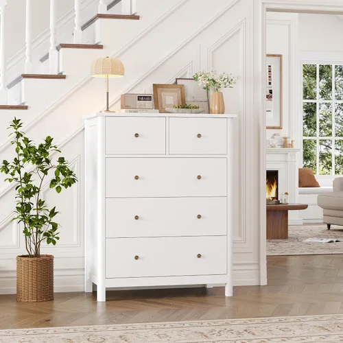 Vista 2 de HOUSUIT Cómoda blanca con 5 cajones, cómoda alta, cómoda de 5 cajones con espacio profundo, armario de almacenamiento de madera para sala de estar