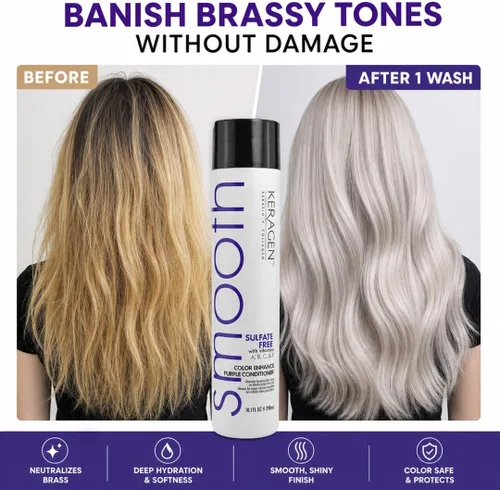 Vista 3 de KERAGEN - Acondicionador púrpura sin sulfato para neutralizar los tonos amarillos en cabello rubio y plateado con queratina, pantenol, vitaminas