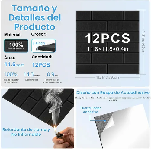 Vista 2 de Paquete de 12 paneles acústicos, paneles de espuma a prueba de sonido para paredes, paneles autoadhesivos de reducción de ruido de alta densidad