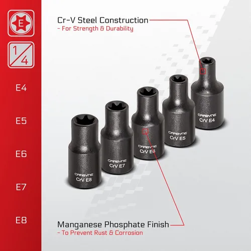 Vista 2 de CARBYNE Juego de llaves Torx externas (E-Torx) de 13 piezas, E4 a E24, acero CrV, acabado de fosfato de manganeso, unidad de 1/4 3/8 1/2 pulgadas
