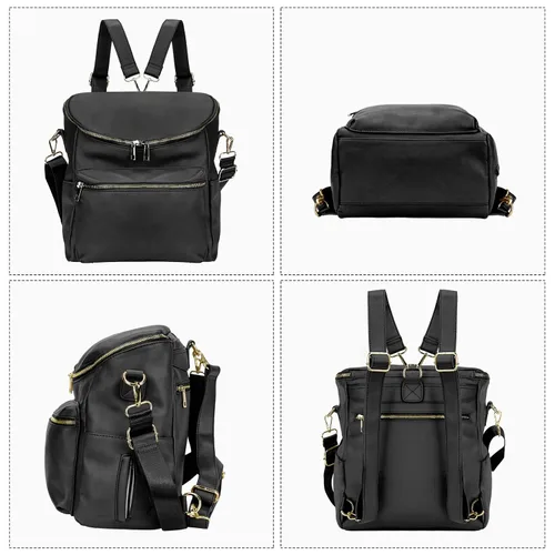 Vista 3 de Mochila para pañales, mochilas de cuero de moda para mamá, bolsas de pañales para bebés pequeños con organizador en bolsa y cambiador, Negro, M