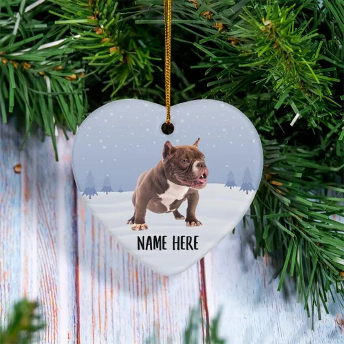 Vista 2 de Personalized Name American Bully Red Brown Christmas Tree Ornaments Ceramic Heart Decorations Gifts for Dog Lovers