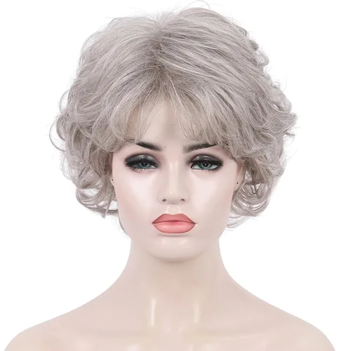 Vista 11 de Black Short Curly Wig with Bangs for Mature Women Glueless Natural Fluffy Negro