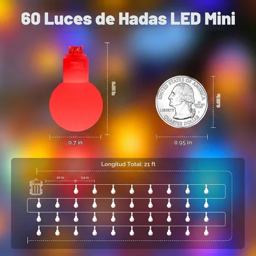 Vista 2 de Guirnalda de luces con forma de globo a pilas, 21 pies, 60 luces LED parpadeantes, 8 modos con control remoto, mini luces de globo para interiores