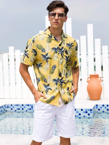 Vista 3 de Janmid Camisas hawaianas florales de manga corta con botones para hombre