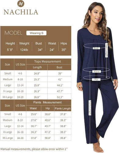 Vista 2 de NACHILA Pajamas Set for Women- Viscose Made from Bamboo, Long Sleeve Pjs Soft Sleepwear Comfy Loungewear Sets with Pants