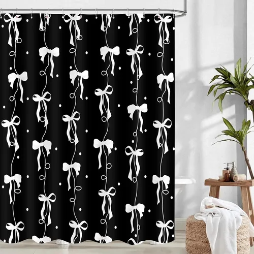 Vista 11 de Cortina de ducha con lazo negro, bonita cortina de ducha coqueta estética para adolescentes y niñas, decoración de tela impermeable con 12 ganchos