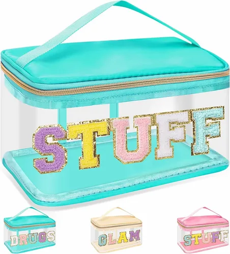 Vista 20 de izuzta Bolsas de maquillaje transparentes con letras de chenilla, bolsa de maquillaje de parche preppy con asa