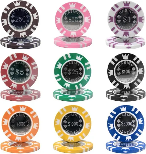 Vista 3 de Brybelly Fichas de póquer con incrustaciones de monedas, compuesto de arcilla pesada de 0.53 oz, paquete de 50