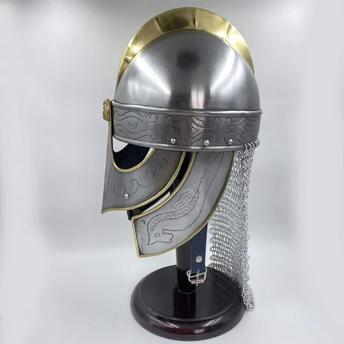 Vista 2 de AnNafi Casco de armadura de lobo vikingo hecho a mano Cascos medievales de caballero de metal con detalles de latón y malla Usable para adultos