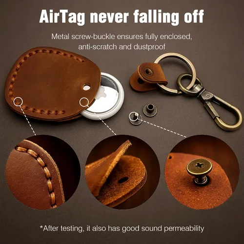 Vista 7 de Llavero de Airtag de cuero genuino, llavero portátil de Air tag con anillos para llaves, funda de cobertura oculta completa compatible con Airtag