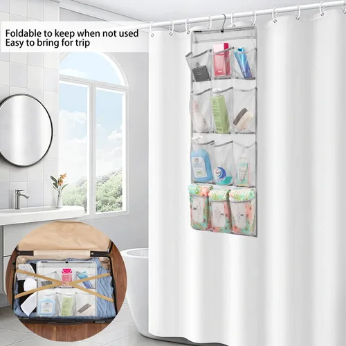 Vista 4 de Organizador de ducha de malla con soporte colgante, de secado rápido, para almacenamiento en el baño, con accesorios de tocador y gancho giratorio
