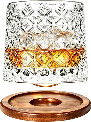 Vista 21 de Vaso de vidrio antiguo giratorio, 275ml/10oz Juego de vasos de whisky de cristal de 2 piezas, posavasos de madera, engrosamiento, utilizado como