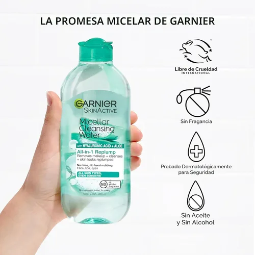 Vista 5 de Garnier Agua micelar con ácido hialurónico, limpiador facial y removedor de maquillaje, hidratante y relleno, para todo tipo de piel, vegano, libre