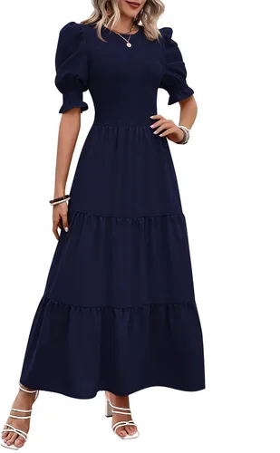 Vista 76 de BTFBM Vestidos para mujer, cuello redondo, casual, de verano, con volantes, manga corta, bohemio, con niveles, fruncido, largo, con estampado floral