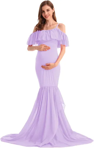 Vista 25 de MYRISAM Vestido de maternidad con volantes y hombros descubiertos para mujer, vestido de fiesta de sirena de gasa, vestido ajustado