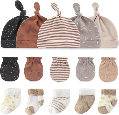 Vista 11 de Ruliby Conjunto de Gorros, Manoplas y Calcetines para Bebé de Algodón, Gorro Beanie Suave para Recién Nacidos, Gorros Guantes para Niñas y Niños 0-6
