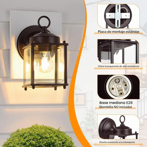 Vista 2 de Farol de pared para exteriores, aplique de pared impermeable de chocolate oscuro exterior, lámpara de pared para puerta delantera con vidrio