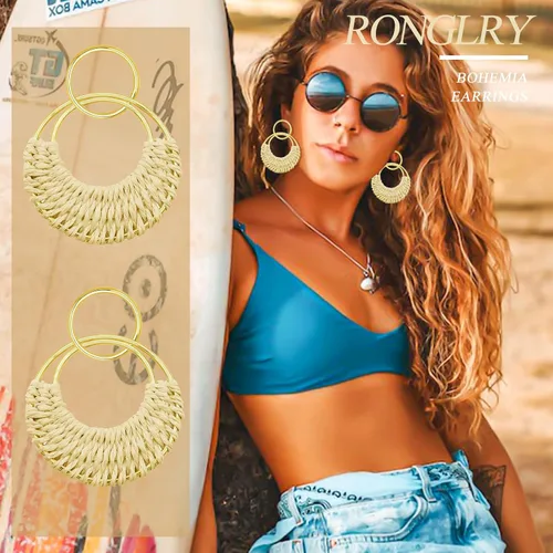 Vista 3 de Ronglry Aretes bohemios de ratán de rafia para mujeres y niñas, ligeros, hechos a mano, de mimbre trenzado, grandes, divertidos, modernos, regalos