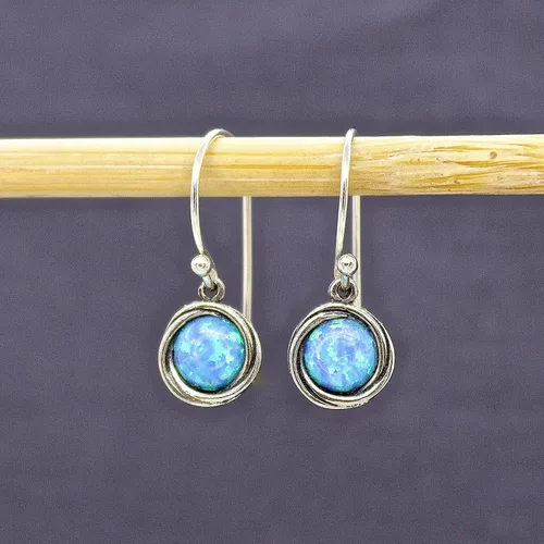 Vista 4 de Opal Earrings, Sterling Silver Dangle Earrings for women, Small round Blue Opal silver dangle earring, October Birthstone, Simple Opal earrings